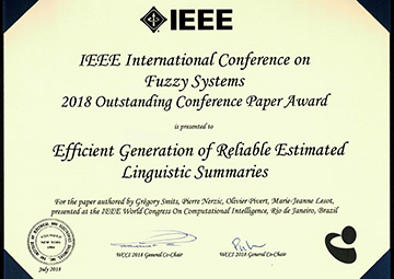 Marie-Jeanne Lesot a obtenu le prix du meilleur article ("Outstanding Conference Paper Award") à l'IEEE International Conference on Fuzzy Systems.