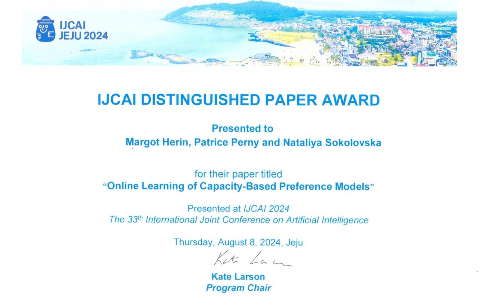 Distinguished Paper Award reçu à IJCAI 2024