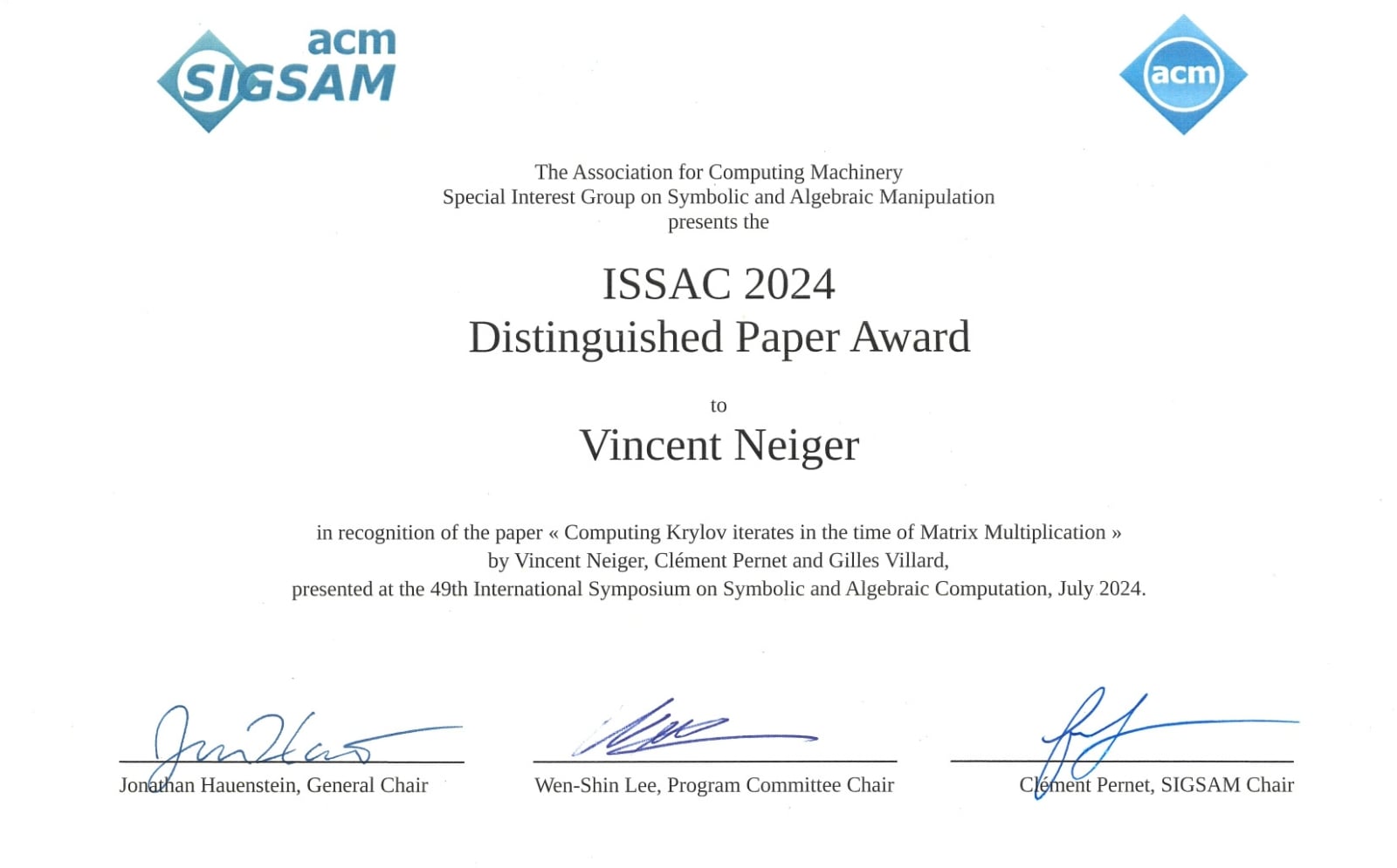 Distinguished Paper Award reçu à ISSAC 2024