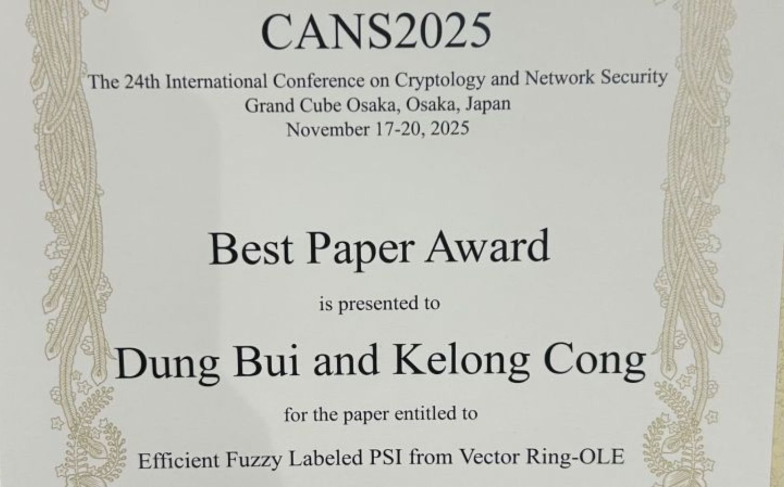 Best Paper Award reçu à CANS2025