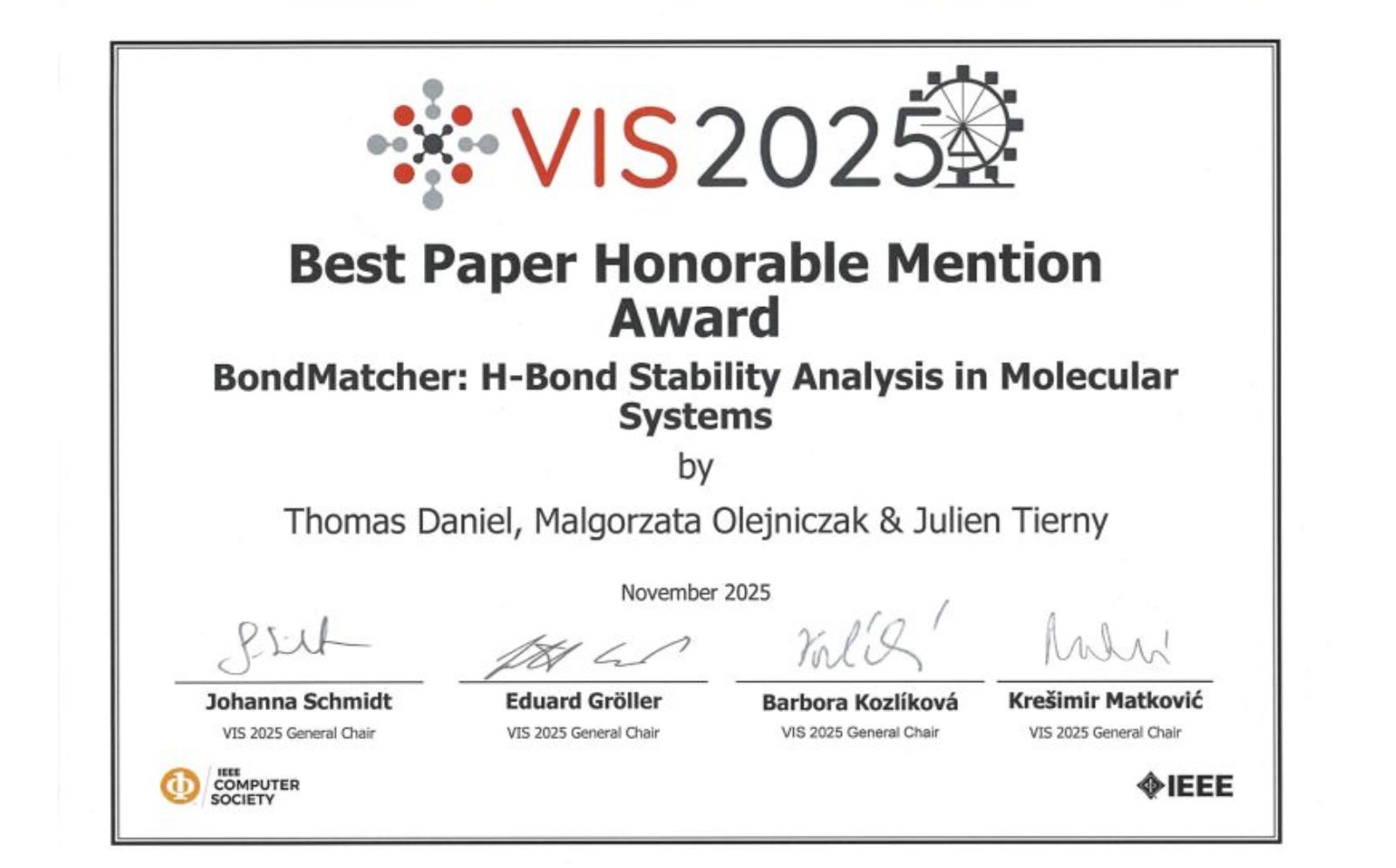 Best Paper Honorable Mention Award reçu à IEEEVIS2025
