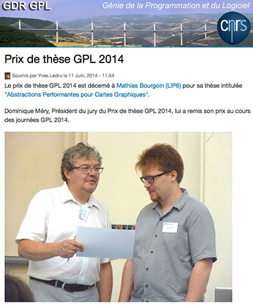 Mathias BOURGOIN  reçoit le prix de thèse du GDR GPL 2014